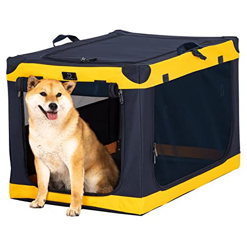 Soft-Sided Dog Crate 36 Inch Large by A4PET, Foldable Collapsible Soft Crate for Large Dogs, Breathable Mesh Panels, Washable, Patented Screw Frame, Portable Travel - color: Blue+Yellow, size: 36.0"L x 24.0"W x 23.0"H
