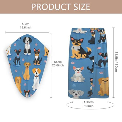 Cute Dogs Breeds Microfiber Bathrobe and Hair Towel Wrap Set for Women Quick Dry Shower Towels Wrap Absorbent Soft Bath Robe and Hair Drying Cap for Spa After Shower