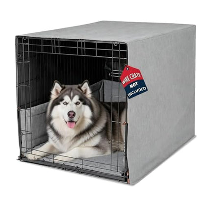 Calming Open Front Dog Crate Cover 42" Wire Crate, 3-Piece Water-Resistant Set with Mat & Bumper Pad, Breathable Oxford, Blocks Light, Machine Washable, Anxiety Relief Den for Home & Travel, Gray - size: 42-Inch