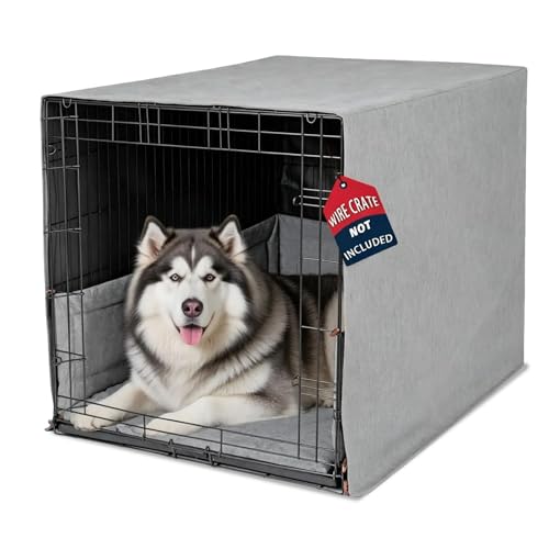 Calming Open Front Dog Crate Cover 42" Wire Crate, 3-Piece Water-Resistant Set with Mat & Bumper Pad, Breathable Oxford, Blocks Light, Machine Washable, Anxiety Relief Den for Home & Travel, Gray - size: 42-Inch
