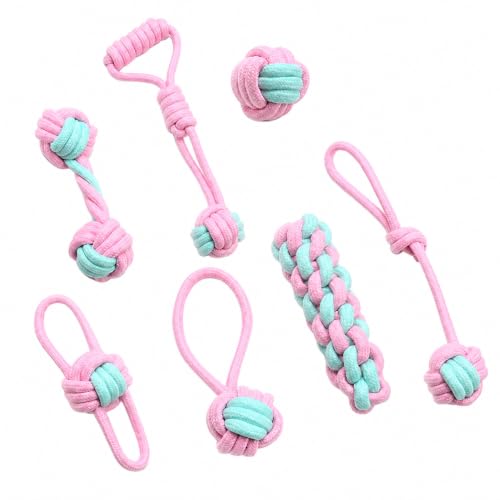 Durable Cotton Rope Dog Toys 7 Piece Set, Tough Chew Knot Balls for Teeth Cleaning, Interactive Tug and Fetch Toys for Small Medium Large Dogs, Indoor Outdoor Play - color: Blue and pink 7-piece set