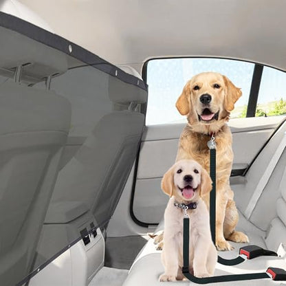 SunGrow Dog Seat Belts with Barrier, 2 Adjustable 28" Nylon Belts, 24" x 45" Micro Mesh Net Divider for Cars, SUVs, and Trucks, 4 Hooks and Luggage Ropes for Assembly, Black, 1 Set per Pack - color: 2 Black Belts+1 Barrier