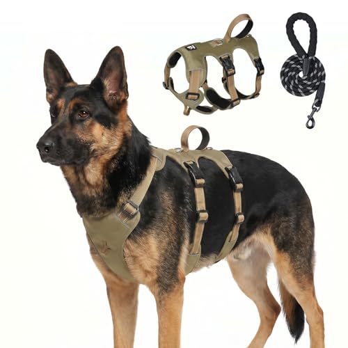 Escape Proof Dog Harness and Leash Set,Soft Padded Full Body Pet Harness, No Pull Reflective Adjustable Dog Vest with Handle, Easy Control Dog Harness for Medium Large Dogs Training Walking Running - color: Khaki, size: XL