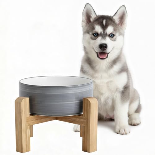 hjn Elevated Ceramic Dog Bowl with Bamboo Stand, Raised Pet Feeding Station for Small Medium Dogs Cats, Modern Design with Anti-Slip Base (White Gray, 3.6Cup) - color: White Gray, size: 3.6Cup
