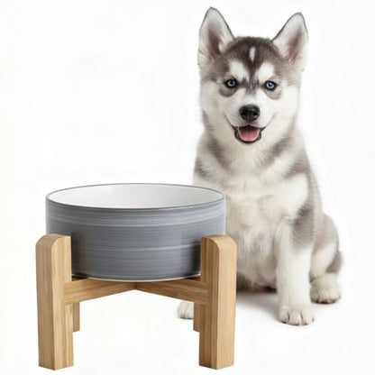 hjn Elevated Ceramic Dog Bowl with Bamboo Stand, Raised Pet Feeding Station for Small Medium Dogs Cats, Modern Design with Anti-Slip Base (White Gray, 3.6Cup) - color: White Gray, size: 3.6Cup