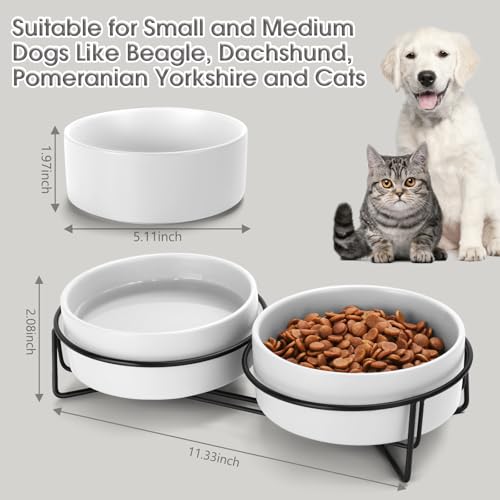 Ceramic Dog and Cat Bowl Set with Stand, 1.7 Cups Dog Food and Water Bowl Suitable for Small and Medium Pets (13.5oz White) - color: White, size: 13.5oz