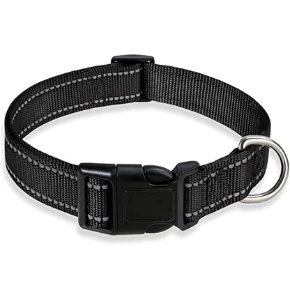 Reflective Dog Collar with Buckle Adjustable Safety Nylon Collars for Small Medium Large Dogs, Black L - color: Black, size: Large :Width 1",Neck 14-22"