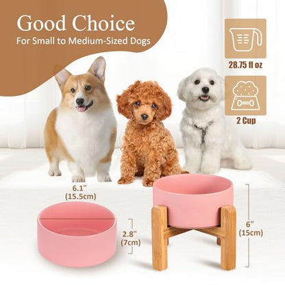 Ceramic Elevated Raised Cat Bowl with Wood Stand No Spill Pet Food Water Feeder Cats Small Dogs - color: Pink, size: Medium