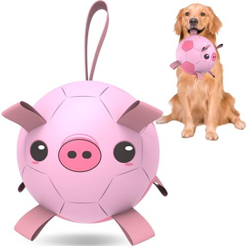 QDAN Dog Toys Soccer Ball with Straps, Interactive Dogs Toys for Tug of War, Puppy Birthday Gifts, Dogs Tug Toy, Dog Water Toy, Durable Dog Balls for Medium & Large Dog - Pink Pig（8 Inch） - color: Pink, size: 8 Inch