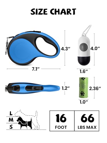 Retractable Dog Leash with Led Light, Douexio 16ft Rechargeable Walking Dog Leash for Small Medium Dogs Up to 66 lbs,360° Tangle-Free, One-Button Control, High Strength Hook - color: Blue, size: 0-66lbs