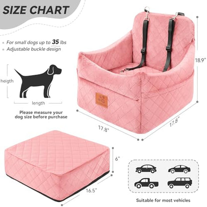 Dog Car Seat for Small/Medium Dogs, Dog Booster Car Seats with Thick Cushion for Dogs Under 35lbs, Detachable Washable Pet Bed with Storage Pockets, 2 Safety Belts (Pink) - color: Pink