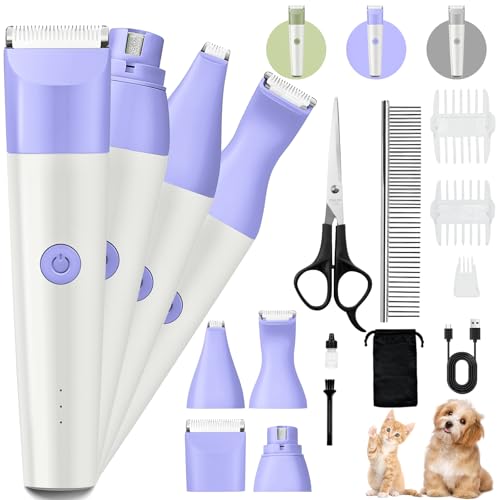 Dog Clippers Grooming Kit, 4 in 1 Quiet Cordless Dog Paw Trimmer & Nail Grinder, Small Cat Clippers Electric Rechargeable Low Noise Pet Shaver for Trimming Hair on Paw Eye Ear Face (Purple) - color: Purple