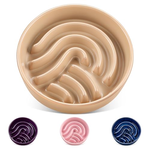 vancasso Slow Feeder Dog Bowl, 1.5 Cup Ceramic Slow Feeding Food Dish for Small and Medium Breed, Puzzle Dog Food Bowl for Fast Eater, Brown - color: Brown, size: M - 1.5 Cups