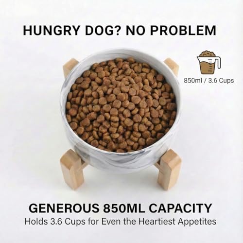 hjn Elevated Ceramic Dog Bowl 15°Slanted Raised Dog Bowl with Bamboo Stand for Small Medium Dogs and Cats, Pet Feeder -3.6-Cup (850ml)-Marble Gray - color: Marble Gray, size: 3.6Cup