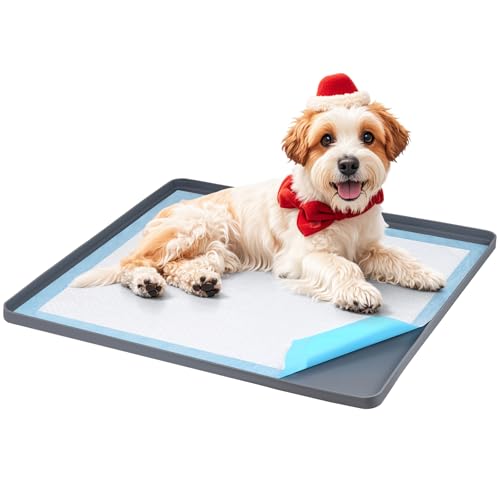 Pee Pad Holder for Dogs, Dog and Puppy Pee Pads Holder, 24"x24" Non-Slip & Leak-Proof & Portable Silicone Mat with Raised Edge Design, Square Puppy Potty Training Tray for Home Floor Protection(Grey) - color: Gray