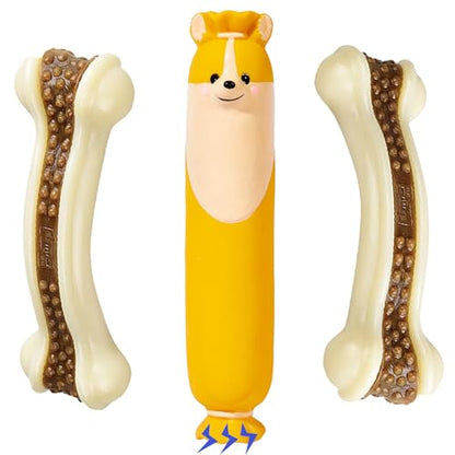 Dog Bone Chew+SqueakyToys for Aggressive Chewers, 2 Pack Real Beef Flavor+1Pack Latex Funny Interactive Toys , Indestructible Teething Toys for Medium/Large/Small Breed, Toy With Durable Nylon - size: RB beef Flavor 3 PCS