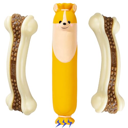 Dog Bone Chew+SqueakyToys for Aggressive Chewers, 2 Pack Real Beef Flavor+1Pack Latex Funny Interactive Toys , Indestructible Teething Toys for Medium/Large/Small Breed, Toy With Durable Nylon - size: RB beef Flavor 3 PCS