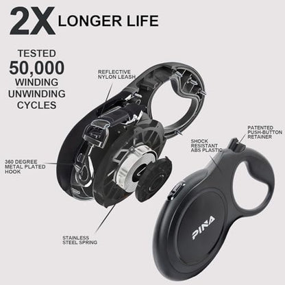 PINA Upgraded Retractable Dog Leash, 26 ft Dog Leash for Small Medium Large Dogs Up to 110lbs, Heavy Duty Reflective Nylon Tape 360° Tangle-Free, with Anti-Slip Handle, One-Handed Brake, Pause, Lock - color: Black