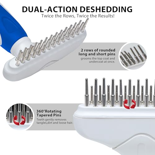 Dog Cat Grooming Tool Rake, Pet Dematting Tool with Stainless Steel Shedding Comb, Double Row Pet Rake Gently Remove Loose or Tangled Hair from Undercoat Blue - color: Blue