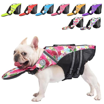Dog Life Jacket, French Bulldog Life Vest for Swimming Boating, Dog Swim Vest with Chin Float and Rescue Handle, High Flotation Puppy Life Jackets (Chest Girth: 17" to 30", Weight: 17" to 28" LB) - color: Flower+Pink