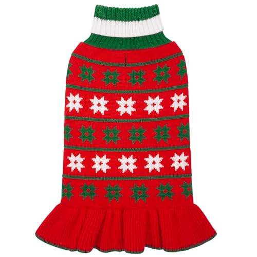 KYEESE Dog Christmas Sweater Warm Dog Sweater for Small Dogs with Leash Hole Knit Dogs Clothes Pet Coats Turtleneck Pet Sweater Dress with Snowflake Pattern, Red, Small - color: 08# Girl Red, size: Small (3-6lbs)