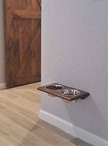 Chic, Floating, Wood, Height-Flexible Wall Mount Dog/Cat/Pet Food & Water Bowl Holder/Feeder with 3 S.S. Dishwasher-Safe Bowls (~ 2 Quart / 64 oz / 1890 ml) for Large Pets. 3-Screw Installation.