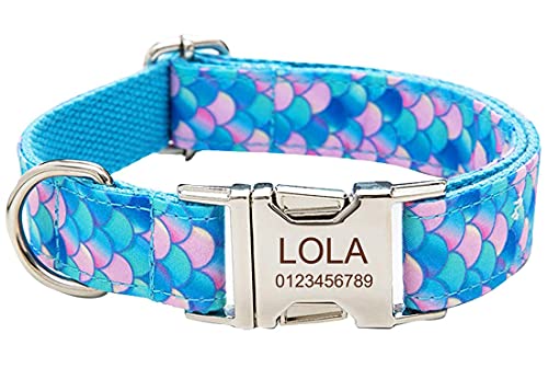 Personalized Dog Collar, Custom Engraving with Pet Name Phone Number ID Tag for Small Medium Large Breeds - color: Mermaid, size: S(length 12"-16)