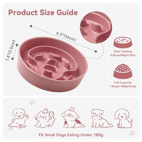 Ceramic Slow Feeder Dog Bowl, 0.8 Cups Anti -Slip Slow Feeding Bowl to Slow Down Eating, 6.3 Inch Dog Food Dish for Small Breeds, Pink - color: Pink, size: Small