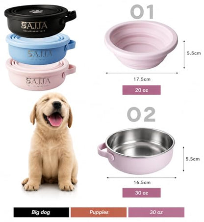 Pink Collapsible Travel Dog & Cat Bowl – BPA-Free Silicone & 18/8 Stainless Steel, Portable Non-Slip Food & Water Bowl with Handle, Bottle/Poop Bag Holder – Claim Your - color: Pink Bowl
