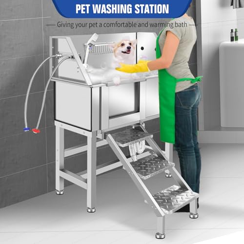 Stainless Steel Dog Washing Station, Pet Grooming Tub W/Storage Stairs, Faucet & Showerhead & Soap Holder Dog Bathtub for Large & Medium & Small Pets,34" L-RAMP - color: 34" L-RAMP