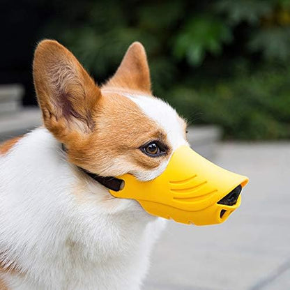 LUCKYPAW Dog Muzzle, Soft Duck Silicone Mouth Cover with Adjustable Strap for Small Medium Dogs, Best to Prevent Barking, Biting, and Chewing (L, Yellow) - color: Yellow, size: L