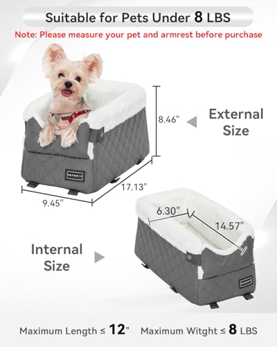 PETSFIT Center Console Dog Car Seat with Safe Protection Hooks, Pet Car Seat with Upgraded Safety Tethers, Washable Cushion, Console Dog Car Seats for Small Dogs Up to 8 Lbs (Grey) - color: Grey