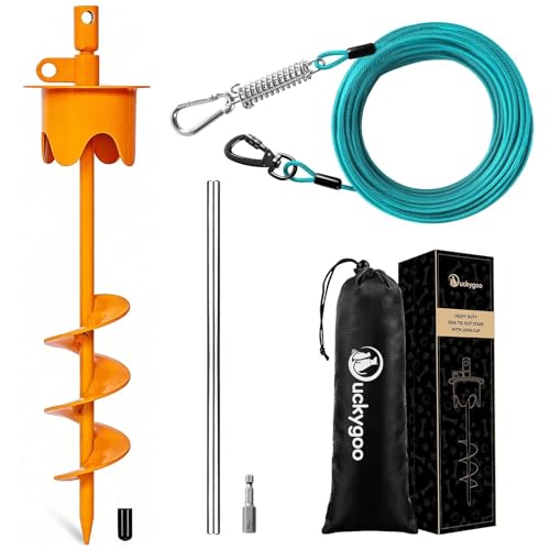 Dog Tie Out Cable & Stake with Lock-Cap, Heavy Duty Dog Stake for Outside with Shock Spring, 30FT Leash & Stakes for Ground, Yard, Beach, Camping, Outdoor up to 350 LBS, Orange - color: Orange, size: 17IN STAKE+30FT CABLE
