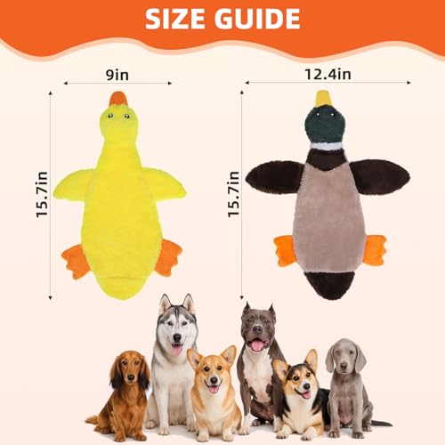 PAWCHIE Squeaky Dog Toys for Small Medium Large Dogs, No Stuffing Crinkle Puppy Toy,Soft Pet Plush Teething Toys 2 Pcs Mess-Free Interactive Chew Toy for Boredom Best Birthday Gift, Yellow & Wild Duck