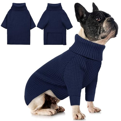 Queenmore Small Dog Sweater, Plaid Doggie Sweater, Long Sleeve Knitted Puppy Sweater with Check Pattern, Warm Pet Sweaters, Solid Pull-on Cat Sweaters, Navy Blue S - color: Navy Blue, size: Small