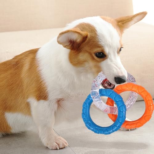 Dog Ring Toy for Training and Teeth Cleaning Rubber Dog Rings Chew Toy with 3 Color Rings Interactive Indestructible Toys for Small Medium Large Dogs.