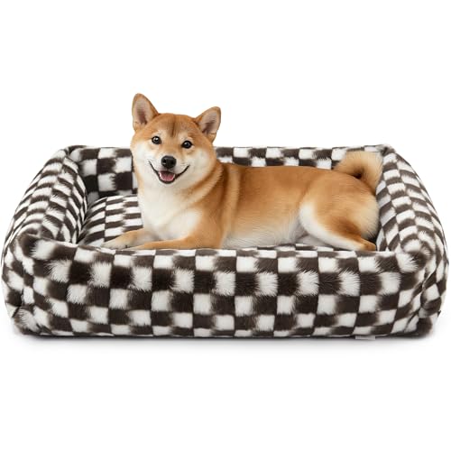 JOEJOY Large Dog Beds Large Sized Dog, Removable Washable Cover Orthopedic Soft Faux Rabbit Fur Pet Bed, Anti-Slip Fluffy Plush Faux Rabbit Fur Puppy Bed, 36"x27"x8", Checkered, Brown - color: Brown, size: L (36"x27"x8")