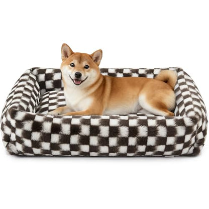 JOEJOY Large Dog Beds Large Sized Dog, Removable Washable Cover Orthopedic Soft Faux Rabbit Fur Pet Bed, Anti-Slip Fluffy Plush Faux Rabbit Fur Puppy Bed, 36"x27"x8", Checkered, Brown - color: Brown, size: L (36"x27"x8")