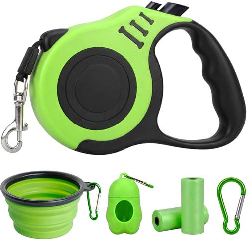 PETIMP Retractable Dog Leash Lightweight 16FT Leash, with Folding Bowl,Dispenser,Waste Bags, for Small Medium Dogs(Green) - color: GREEN