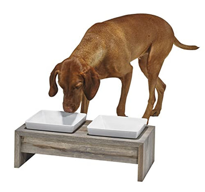 Bowsers Artisan Diner Double Dog Feeder - Handcrafted Rubberwood Frame with Square Ceramic Bowls Feeder for Dogs - Fossil, Small, 15" x 7" x 4" - color: Fossil, size: Small