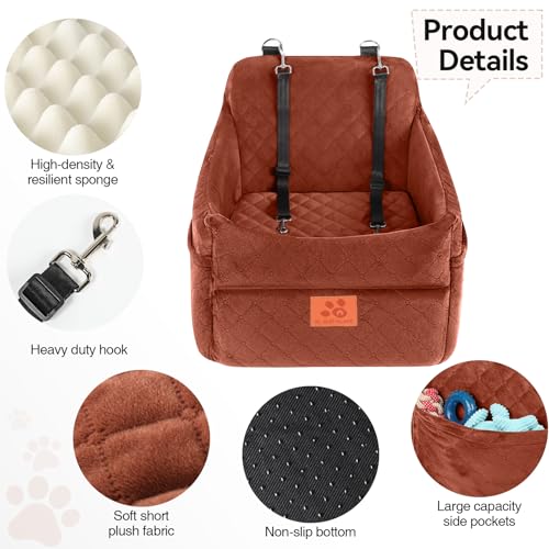 GL GLENSLAVE Dog Car Seat for Small/Medium Dogs, Dog Booster Car Seats with Thick Cushion for Dogs Under 35 lbs, Detachable Washable Pet Carseat with Storage Pockets, 2 Safety Belts(Brown) - color: Brown