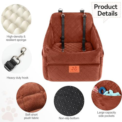 GL GLENSLAVE Dog Car Seat for Small/Medium Dogs, Dog Booster Car Seats with Thick Cushion for Dogs Under 35 lbs, Detachable Washable Pet Carseat with Storage Pockets, 2 Safety Belts(Brown) - color: Brown