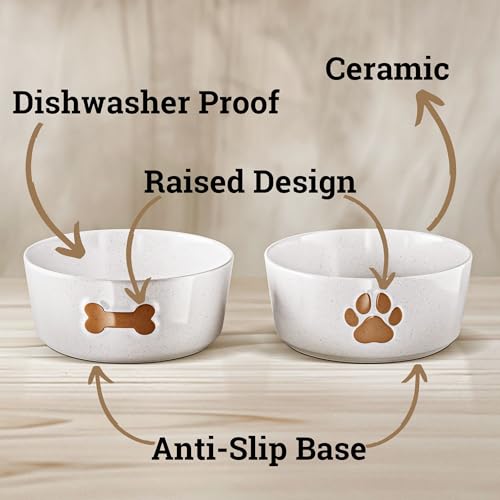 Ceramic Dog Bowl Set of 2 with Anti-Skid Base - 6.5" Wide x 2.5" Tall Ceramic Dog Bowls Medium Sized Dogs - 3.8 Cup Capacity Food and Water Bowls for Dogs - Rubber Bottom Pet Bowl Set of 2 Medium Size - color: Brown, size: Medium 6.5"