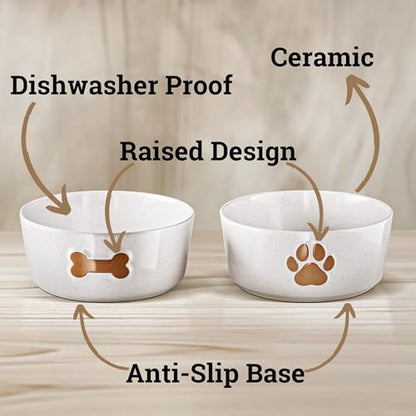 Ceramic Dog Bowl Set of 2 with Anti-Skid Base - 6.5" Wide x 2.5" Tall Ceramic Dog Bowls Medium Sized Dogs - 3.8 Cup Capacity Food and Water Bowls for Dogs - Rubber Bottom Pet Bowl Set of 2 Medium Size - color: Brown, size: Medium 6.5"