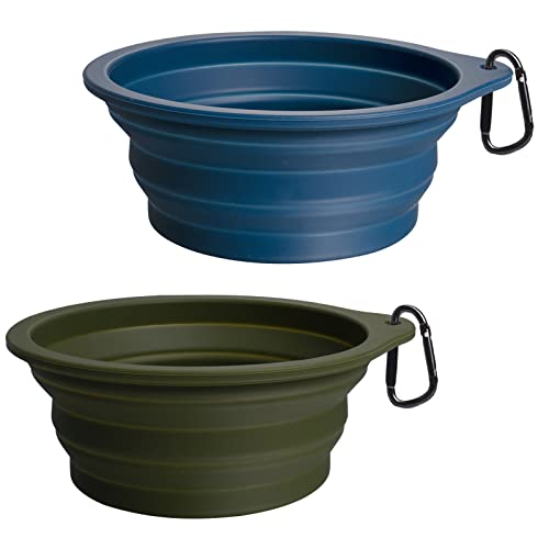 PetBonus 2-Pack Silicone Collapsible Dog Bowls, BPA Free Dishwasher Safe, Portable Foldable Expandable Travel Bowl, Food Water Feeding Cup Dish for Dogs Cats with 2 Carabiners (Army Green, Navy Blue) - color: Army Green, Navy Blue, size: 20 Oz