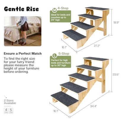 5-Step Dog Stairs for Large Dogs, Solid Wooden Dog Steps for Beds/Couch with Carpet, 24 Inches Anti-Slip Pet Stairs for High Beds, Ramp for Older/Senior Dogs, Pet Bed Stairs to Get on Bed/Sofa - size: 5-Step