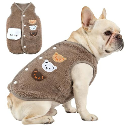 Dog Fleece Vest Sweater Button-Up Warm Pullover Step-in Dog Jacket with Bear Print, Winter Cold Weather Coat Clothes Hoodie for Small Medium Dogs Puppy Boy Girl(Brown, M(8 to 12 lbs)) - color: Brown, size: M(8 to 12 lbs)