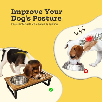 Elevated Dog Bowls, 4.5” Small Dogs/Cats Only Raised Bowl Mango Wood Stand, Food & Water 2 Stainless Steel Dishes Each 32oz/4Cup Capacity, Non-Slip Pet Feeder Station in Brown, toy Breeds - size: 4.5 Inches / 32oz 2 Bowl