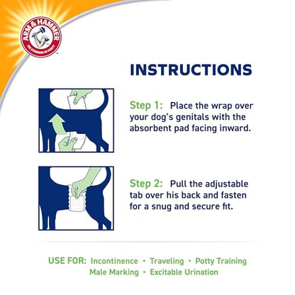 Arm & Hammer Medium Male Dog Wraps, Disposable Belly Band Diapers with Baking Soda Odor Control, Super Absorbent Leak Resistant Design for Marking and Incontinence, 15-23 Inch Waist, 12 Count - size: Medium