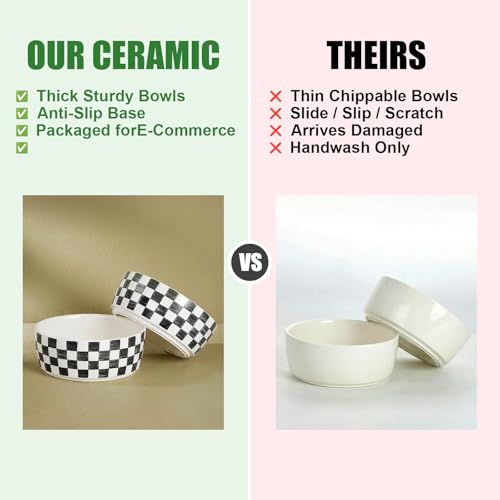 6.4 inch Ceramic Hand Painted Basic Dog Bowl Set of 2 with Anti-Skid Rubber Base, Food and Water Bowls for Small Pets,Black - color: Black